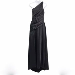 Black Fiesta Gown L One Shoulder Ruched Waist Rhinestone Sleeve Cuff Full Length